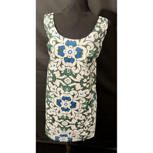 Boden Dress Womens 12R Green Blue White Sleeveless Shift Cotton Print Lined